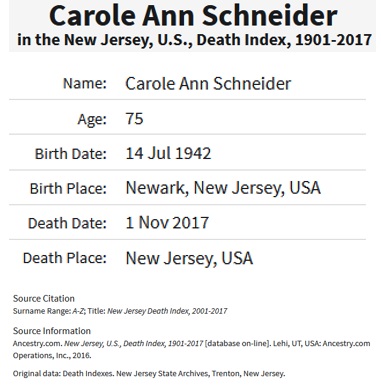 Carole Ann Gottlick Schneider Death Index