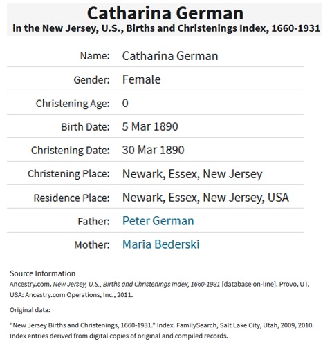 Catherine Germann Birth Index