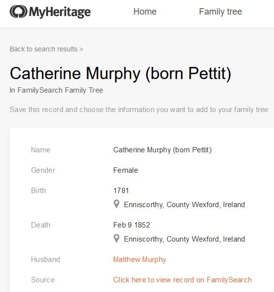 Catherine Pettit Murphy Birth and Death Record