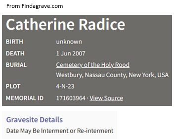 Catherine Tewes Radice Cemetery Record