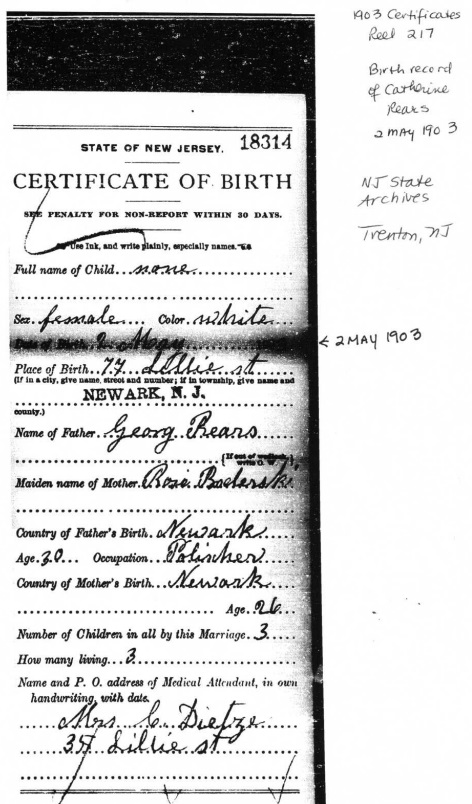 Catherine Rears Birth Certificate