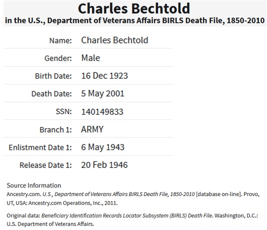 Charles J. Bechtold Jr. WWII Draft Registraion