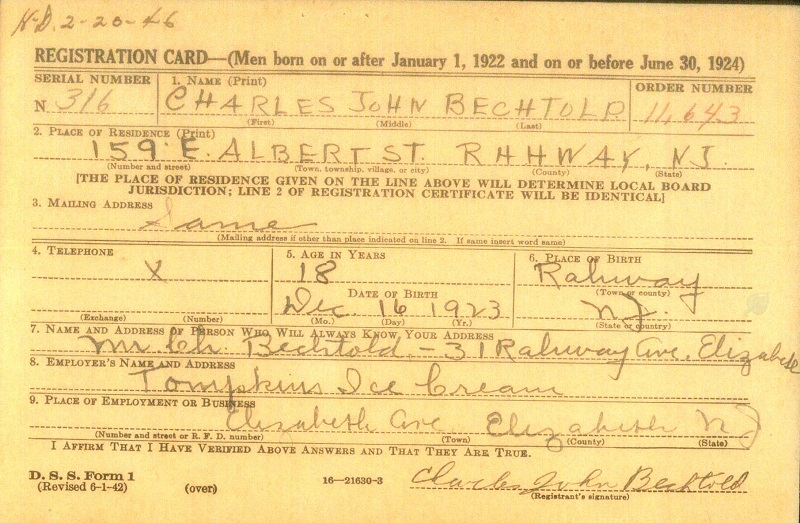 Charles J. Bechtold Jr. WWII Draft Registraion