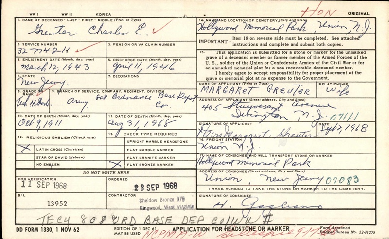 Charles E. Greuter's Veterans Affairs Headstone Application