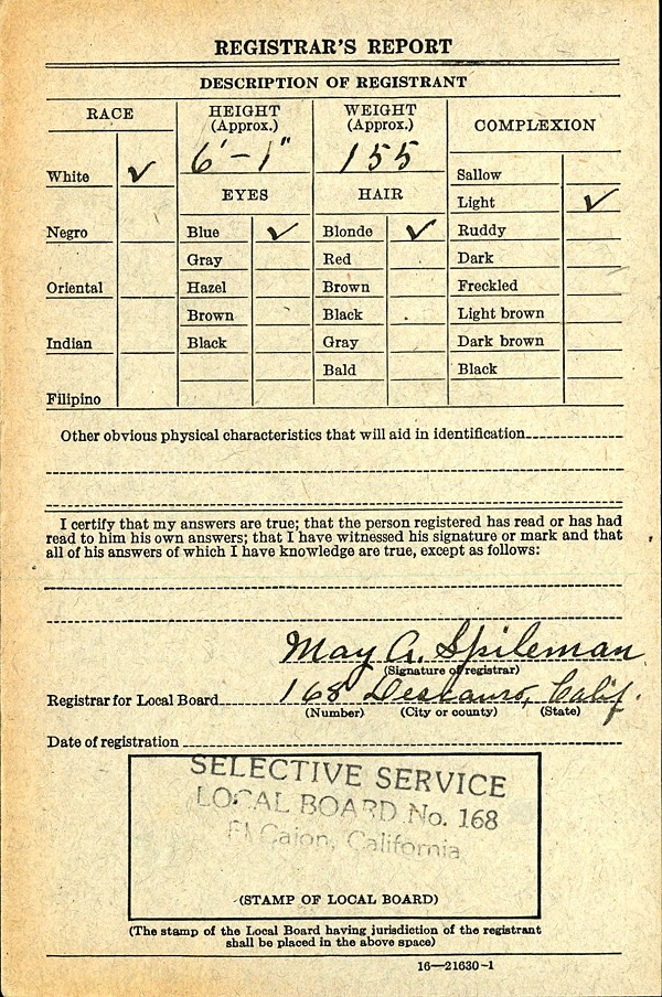 Charles Arthur Kessler World War II Draft Registration