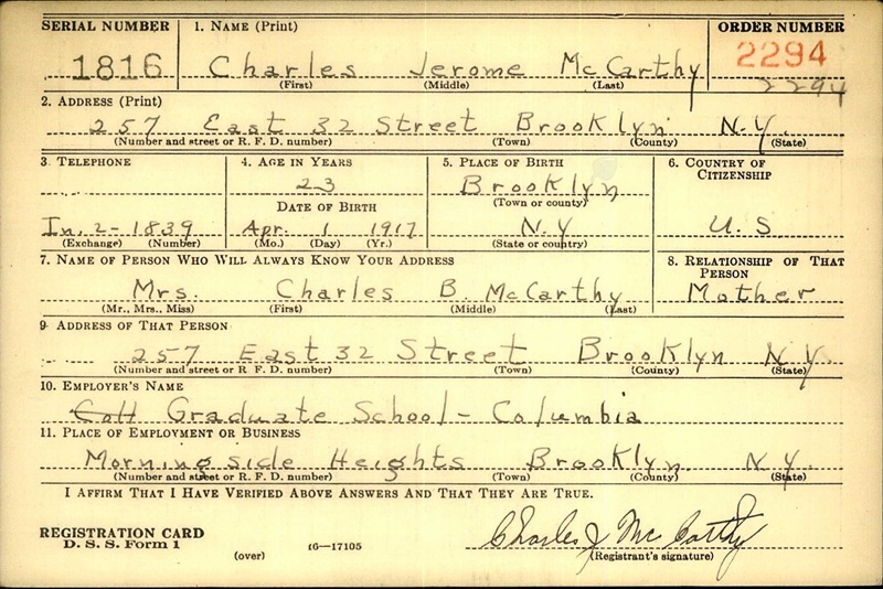 Charles Jerome McCarthy World War II Draft Registration