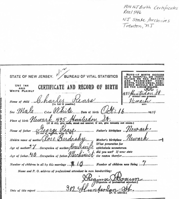 Charles J. Rears Birth Certificate