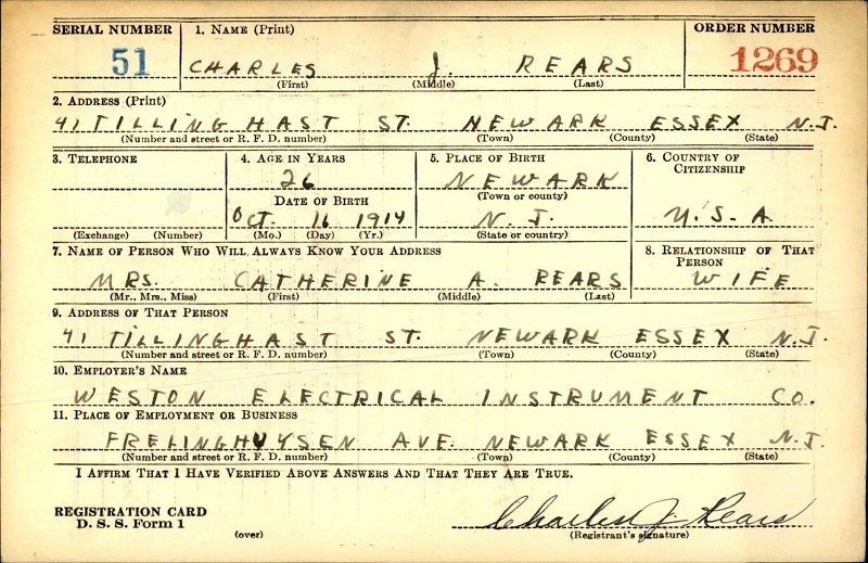 Charles J. Rears's WW2 Draft Registration Card Part 1
