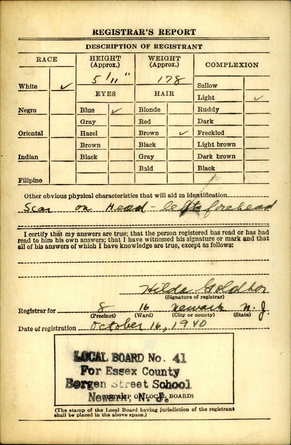 Charles J. Rears's WW2 Draft Registration Card Part 2