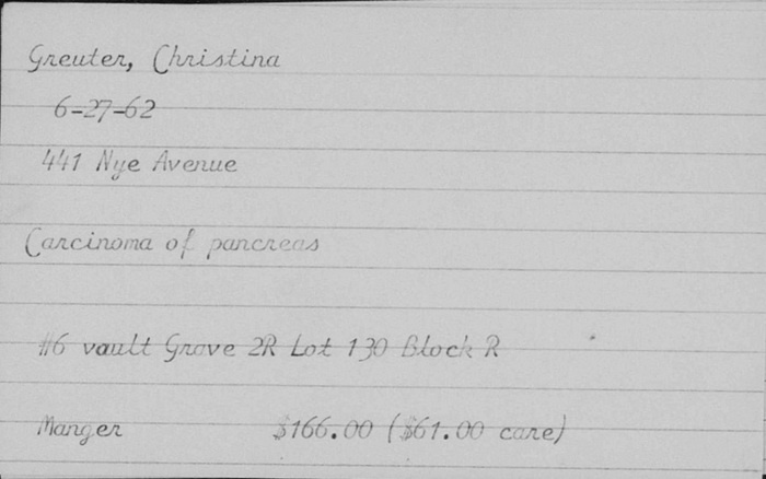 The Woodland Cemetery Index Card of Christina Greuter