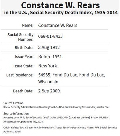 Constance Winifred Healy Rears SSDI