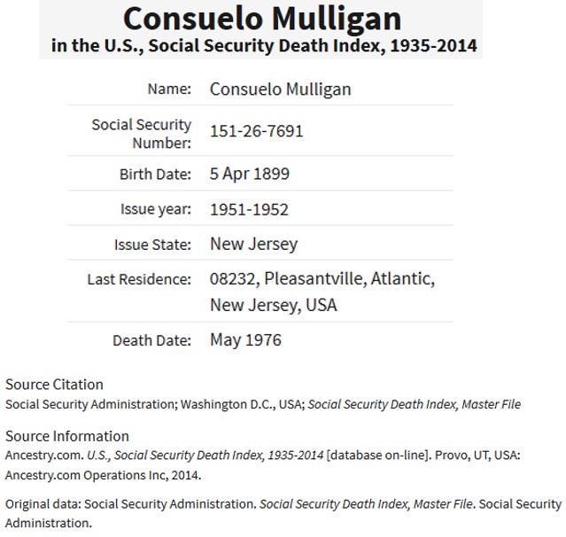 Consuelo Dumont Mulligan Social Security Death Index