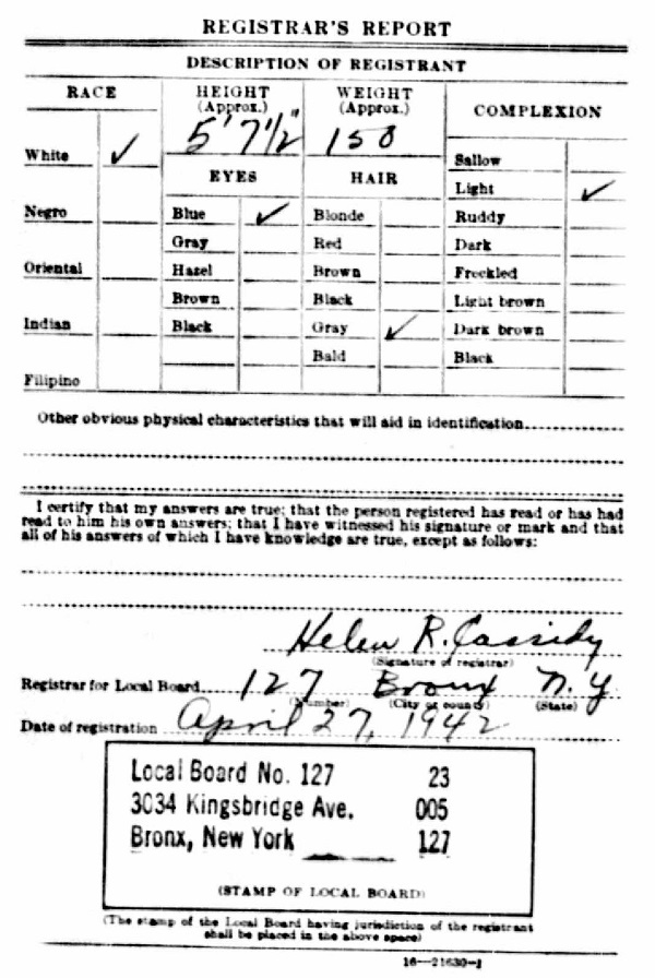 Daniel C. Carey World War II Draft Registration