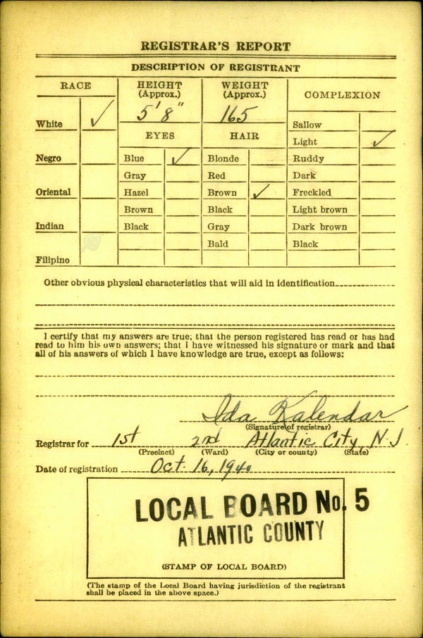 David Voorhees Bye World War II Draft Registration