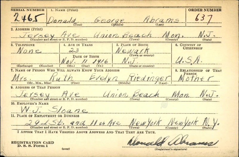 Donald G. Abrams' World War II Draft Registration