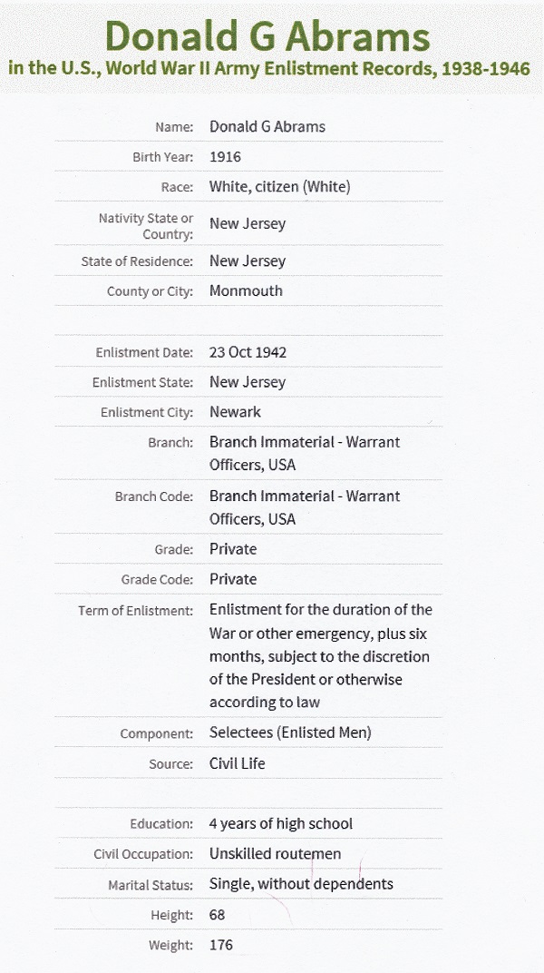 Donald G. Abrams' World War II Army Enlistment Record