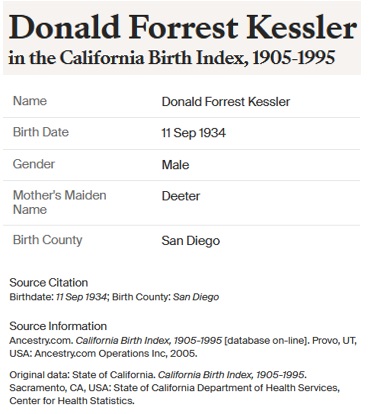 Donald Forrest Kessler Birth Index