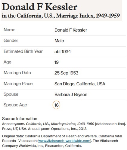 Donald Kessler and Barbara Bryson Marriage Index