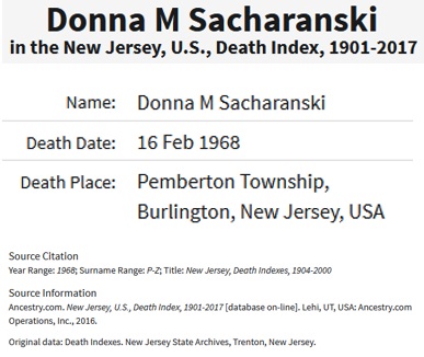 Donna Marie Sacharanski Death Index