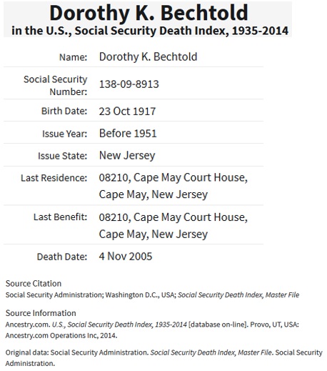 Dorothy Haight Bechtold SSDI