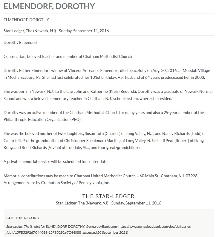 Dorothy Bederski Elmendorf Obituary