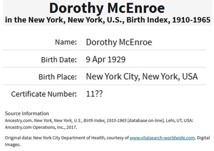 Dorothy Mary McEnroe Birth Index