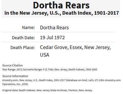 Dorothy M. Hill Rears Death Index