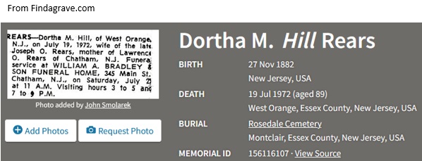 Dorothy M. Hill Rears Cemetery Record