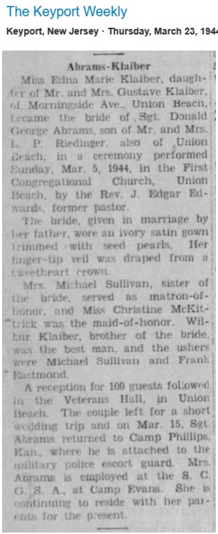 Edna Klaiber and Donald Abrams Marriage Announcement