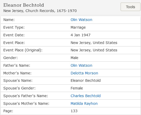 Eleanor Bechtold and Olin Watson Marriage Index