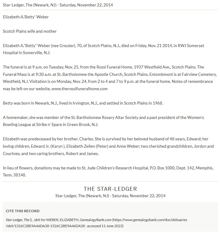 Elizabeth Ann Greuter Weber Obituary