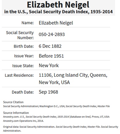 Elizabeth Mertin Neigel Death Index