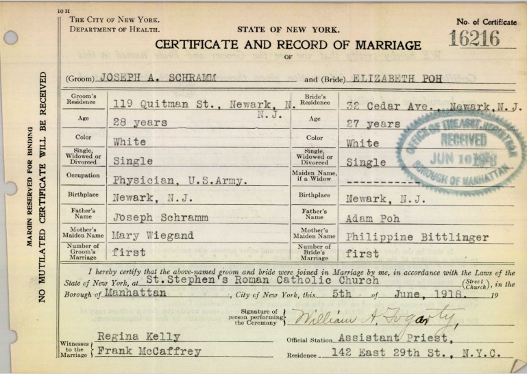 Elizabeth Poh and Joseph Albert Schramm Marriage Certificate