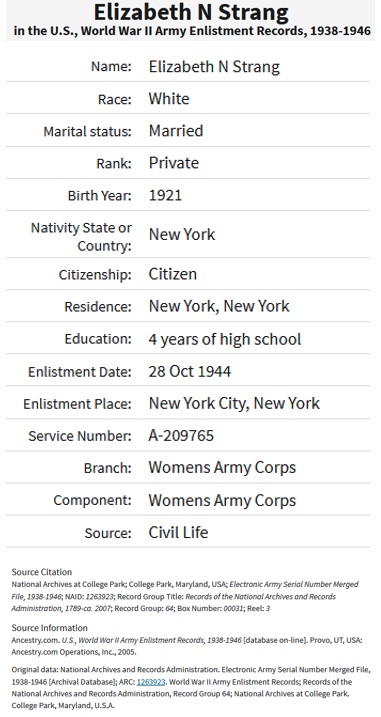 Elizabeth Nelson Strang Dierks Military Record