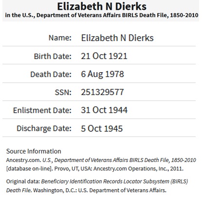 Elizabeth Nelson Strang Dierks Military Record