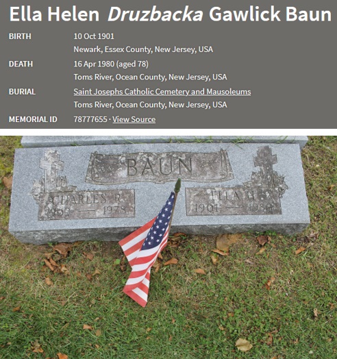 Ella Druzbacky Gawlick Baun Cemetery Record