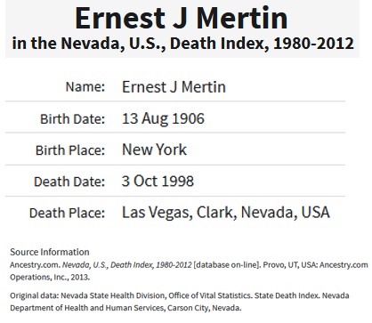 Ernest J. Mertin Death Index