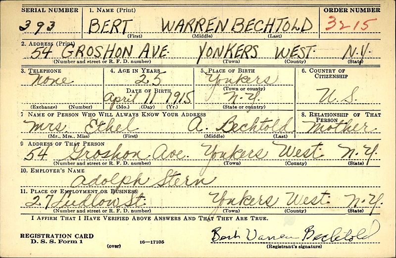 Ethelbert W. Bechtold's World War II Draft Registration Card Part 1