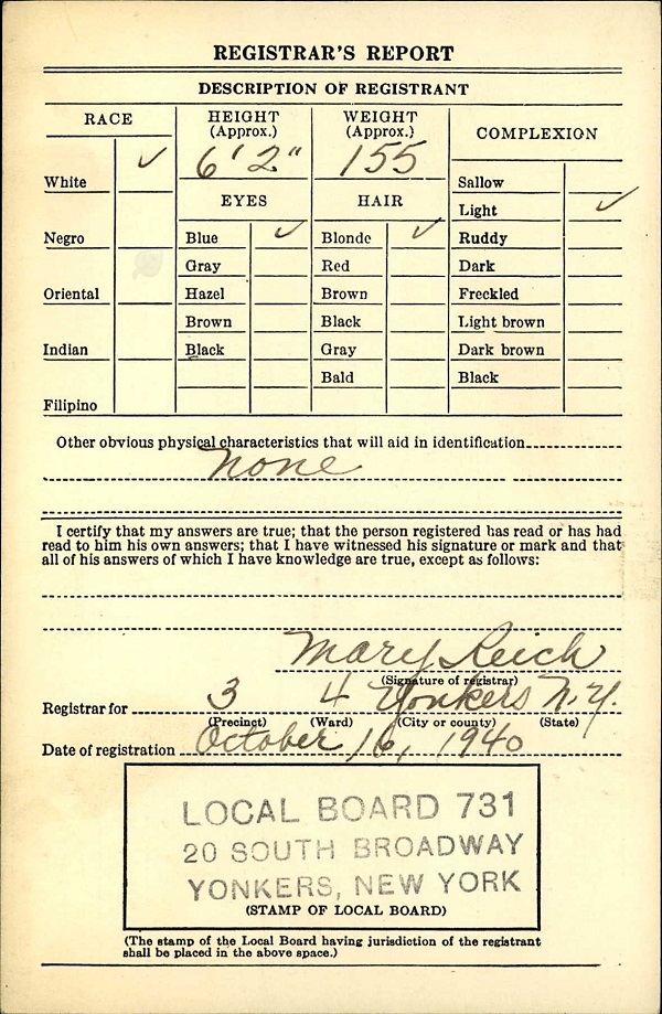Ethelbert W. Bechtold's World War II Draft Registration Card Part 2
