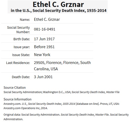 Ethel Bechtold Grznar SSDI