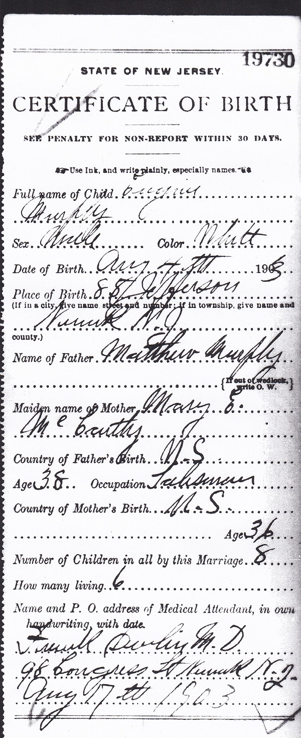 Eugene Murphy Birth Certificate