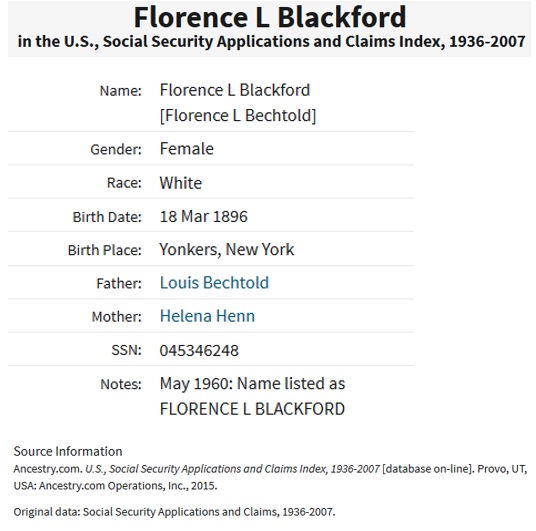 Florence Bechtold Blackford Social Security Death Index