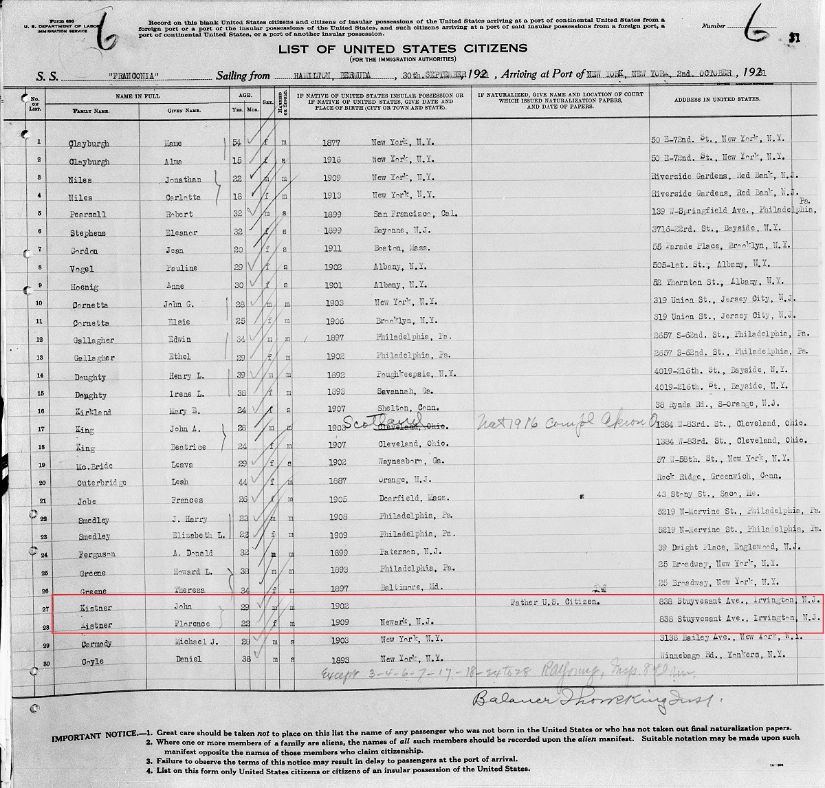Florence Kessler and John Kistner Honeymoon