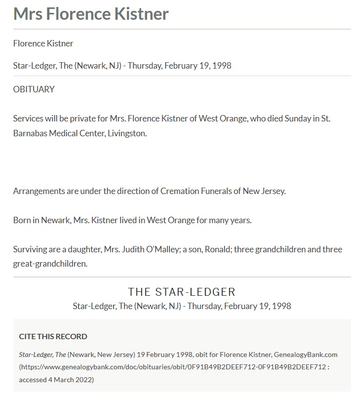 Florence Kessler Kistner Obituary