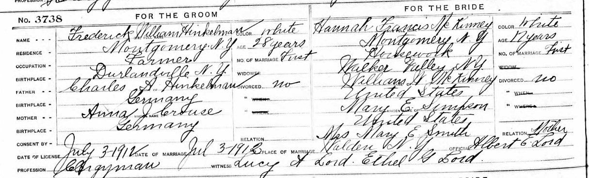 Hannah Frances McKinney Marriage Record
