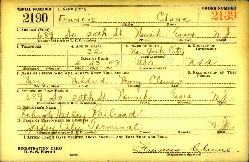Francis Clune WW2 Draft Registration
