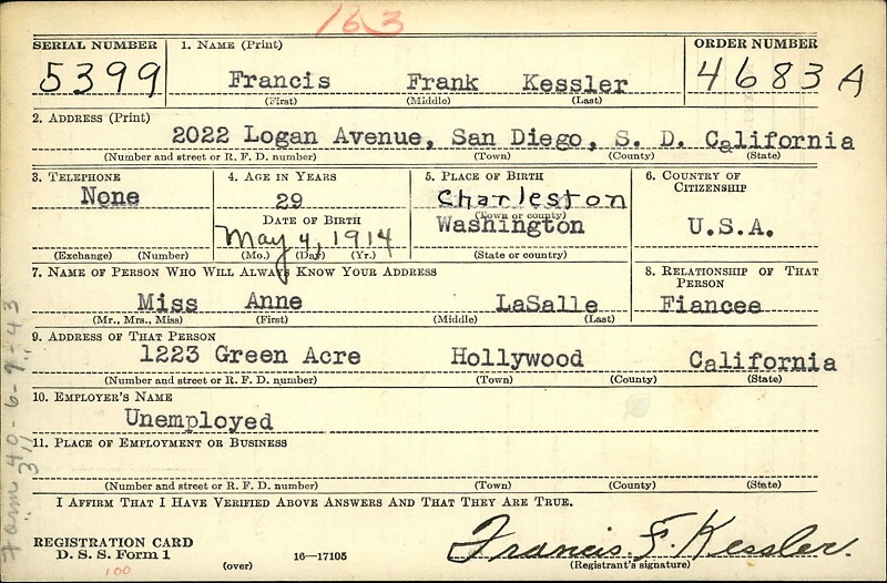 Francis William Kessler World War II Draft Registration