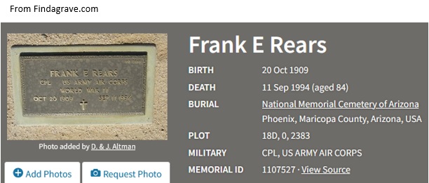 Frank E. Rears Cemetery Record