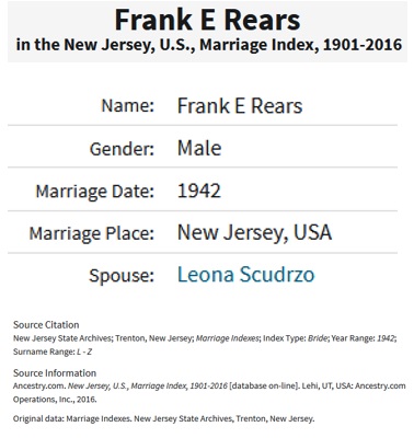 Frank Rears and Leona Scuorzo Marriage Index