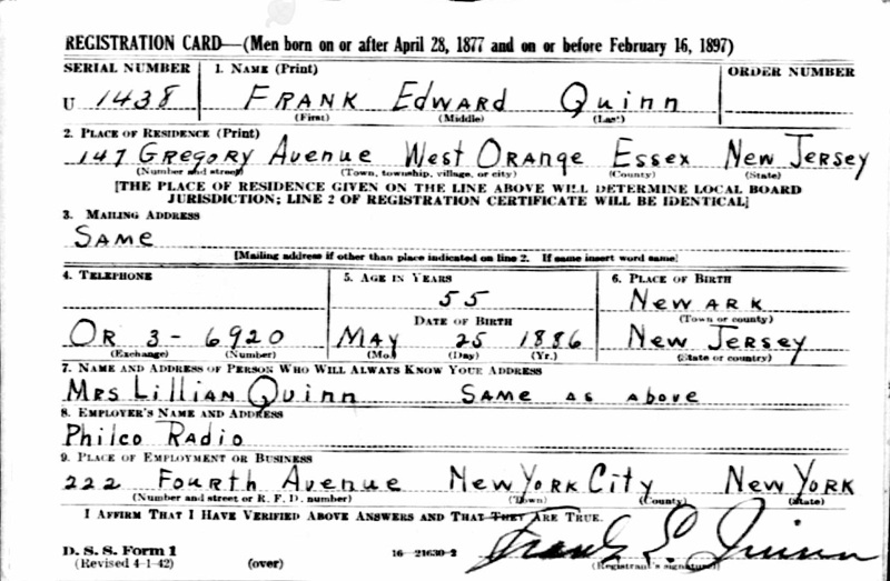 Frank Quinn WW2 Draft Registration